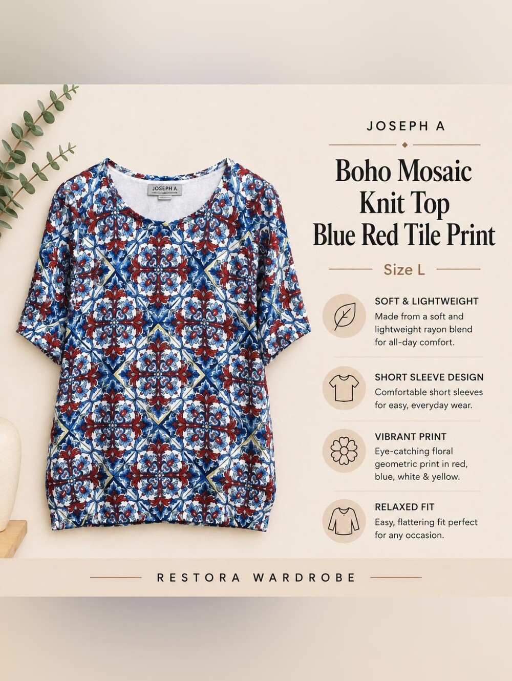 Joseph A Boho Geometric Print 3/4 Sleeve Knit Top Blue Red L